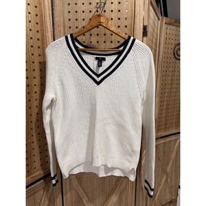 Gap White Cotton V-Neck Collegiate Striped Ribbed Knit Sweater